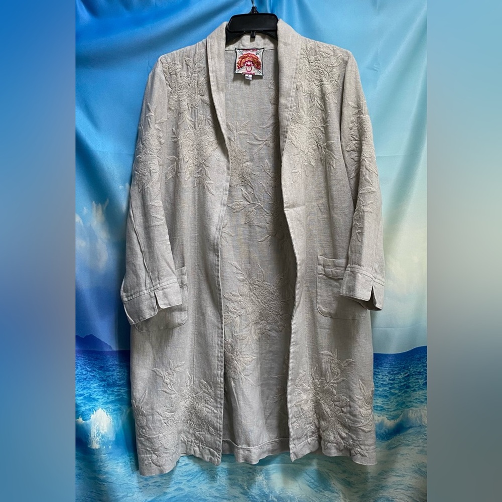 Johnny Was Tiwa Embroidered Heavy Linen Coat Jacket Size: S Sand nuetral